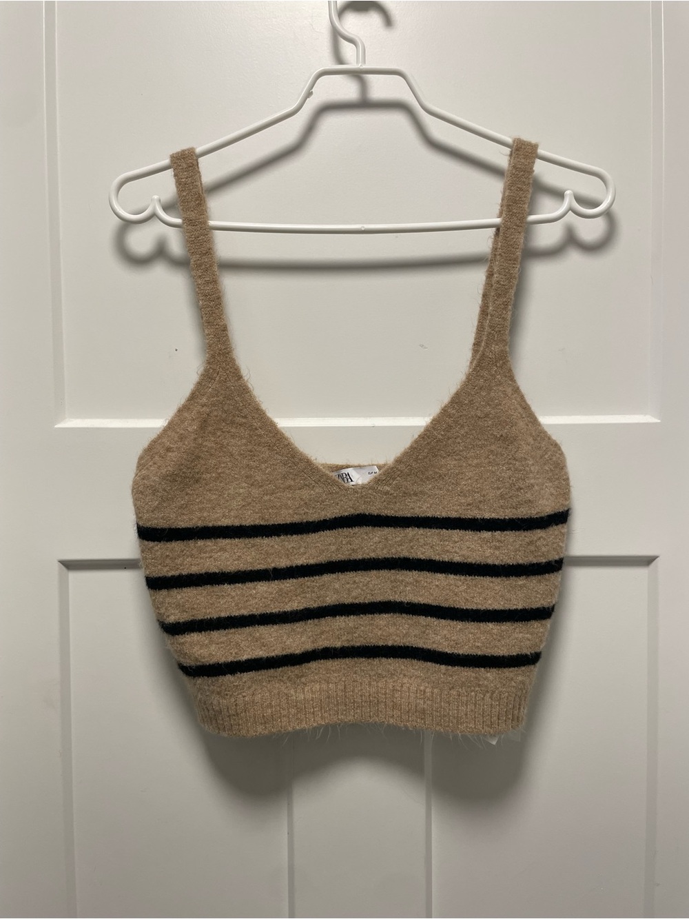 Zara Tan Fuzzy Cropped Strappy Tank with Black Stripes